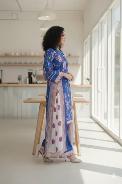 Stylish 3 Pcs Women's Stitched Suit in Blue Printed Lawn