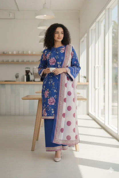 Stylish 3 Pcs Women's Stitched Suit in Blue Printed Lawn
