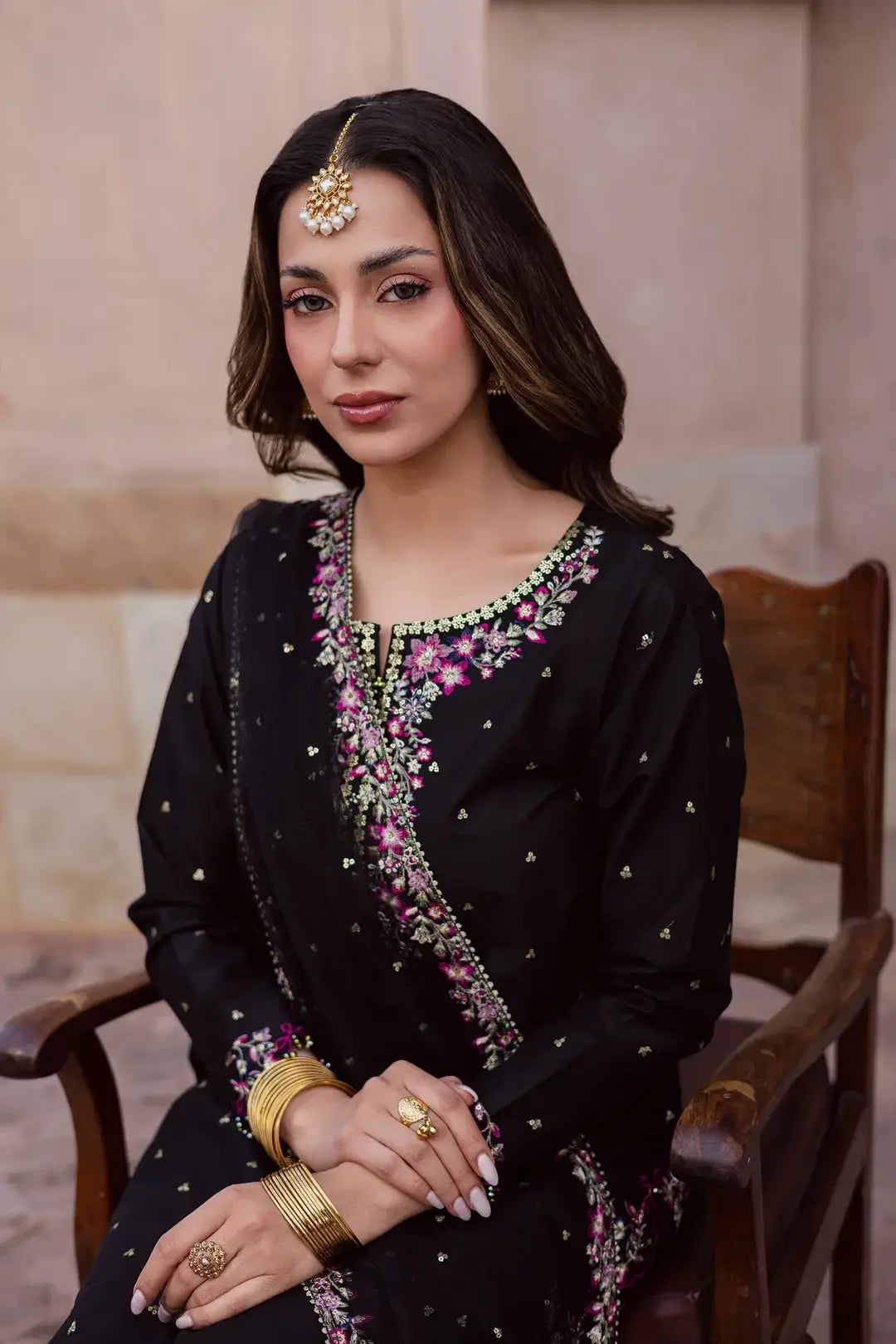 Elegant Black Embroidered Cotton Suit - 3 Pcs Set in Crinkle Chiffon