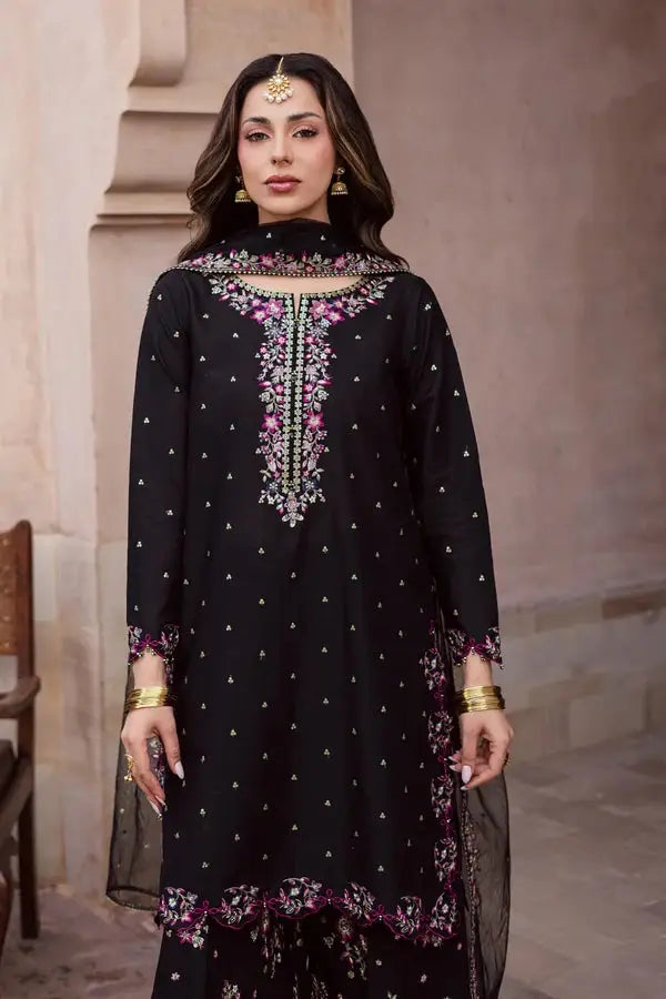Elegant Black Embroidered Cotton Suit - 3 Pcs Set in Crinkle Chiffon