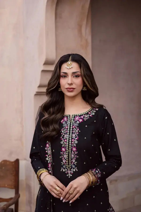 Elegant Black Embroidered Cotton Suit - 3 Pcs Set in Crinkle Chiffon