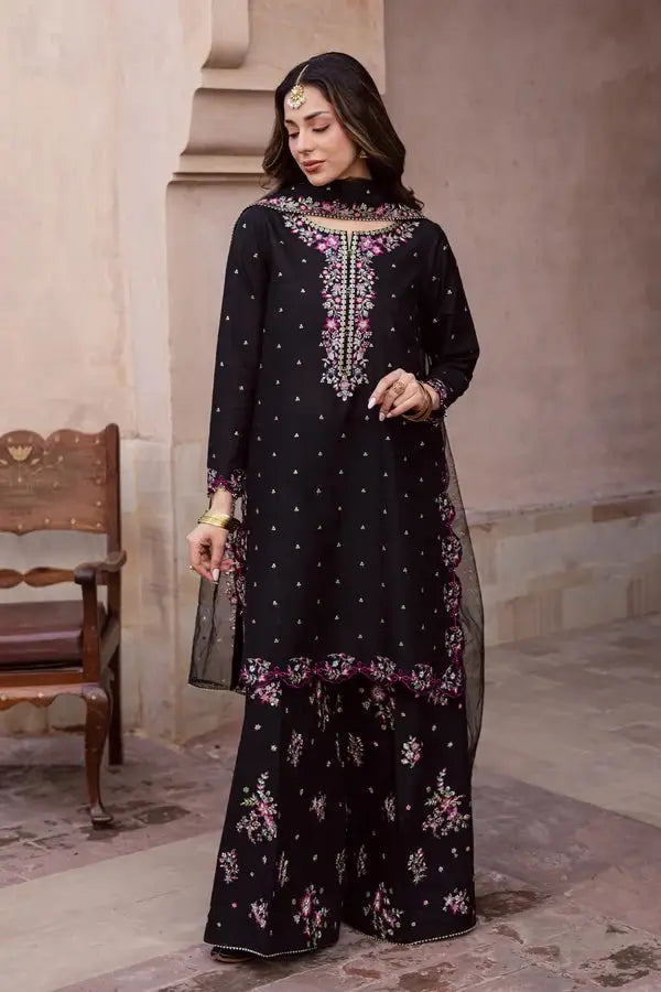 Elegant Black Embroidered Cotton Suit - 3 Pcs Set in Crinkle Chiffon
