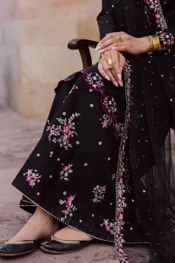 Elegant Black Embroidered Cotton Suit - 3 Pcs Set in Crinkle Chiffon