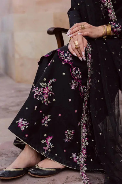 Elegant Black Embroidered Cotton Suit - 3 Pcs Set in Crinkle Chiffon