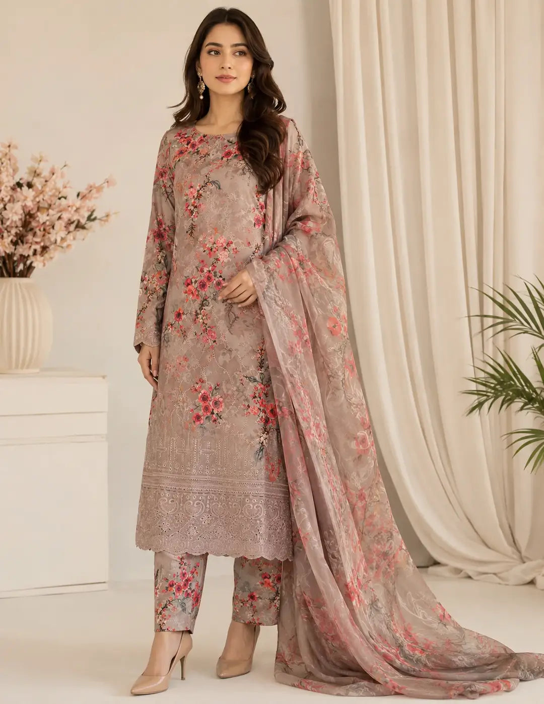 Chicken Kari Swiss Lawn 3 Piece Suit for Women | Digital Printed Lawn Dress with Aari Embroidered Chiffon Dupatta | Unstitched Summer Collection