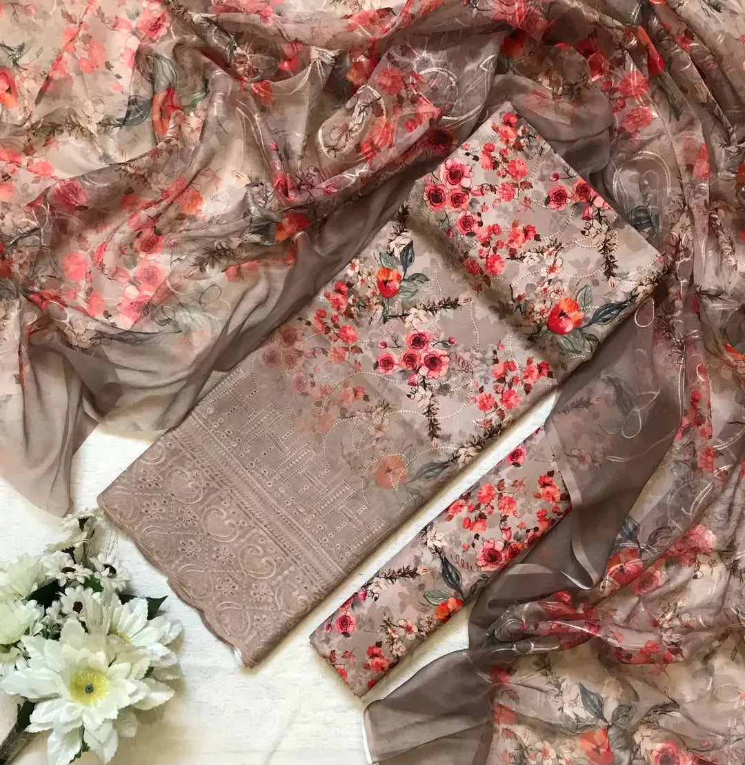 Chicken Kari Swiss Lawn 3 Piece Suit for Women | Digital Printed Lawn Dress with Aari Embroidered Chiffon Dupatta | Unstitched Summer Collection