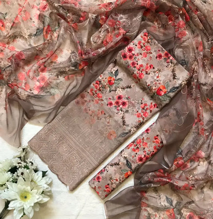 Chicken Kari Swiss Lawn 3 Piece Suit for Women | Digital Printed Lawn Dress with Aari Embroidered Chiffon Dupatta | Unstitched Summer Collection