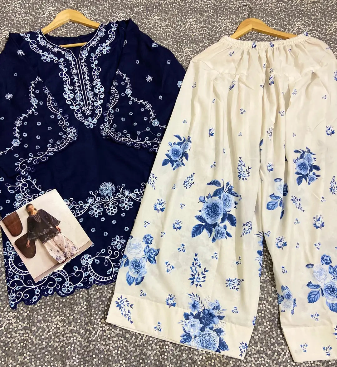 2 Pcs Women’s Stitched Cotton Embroidered Suit