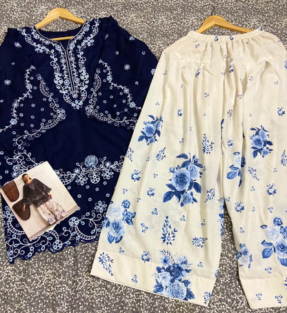 2 Pcs Women’s Stitched Cotton Embroidered Suit