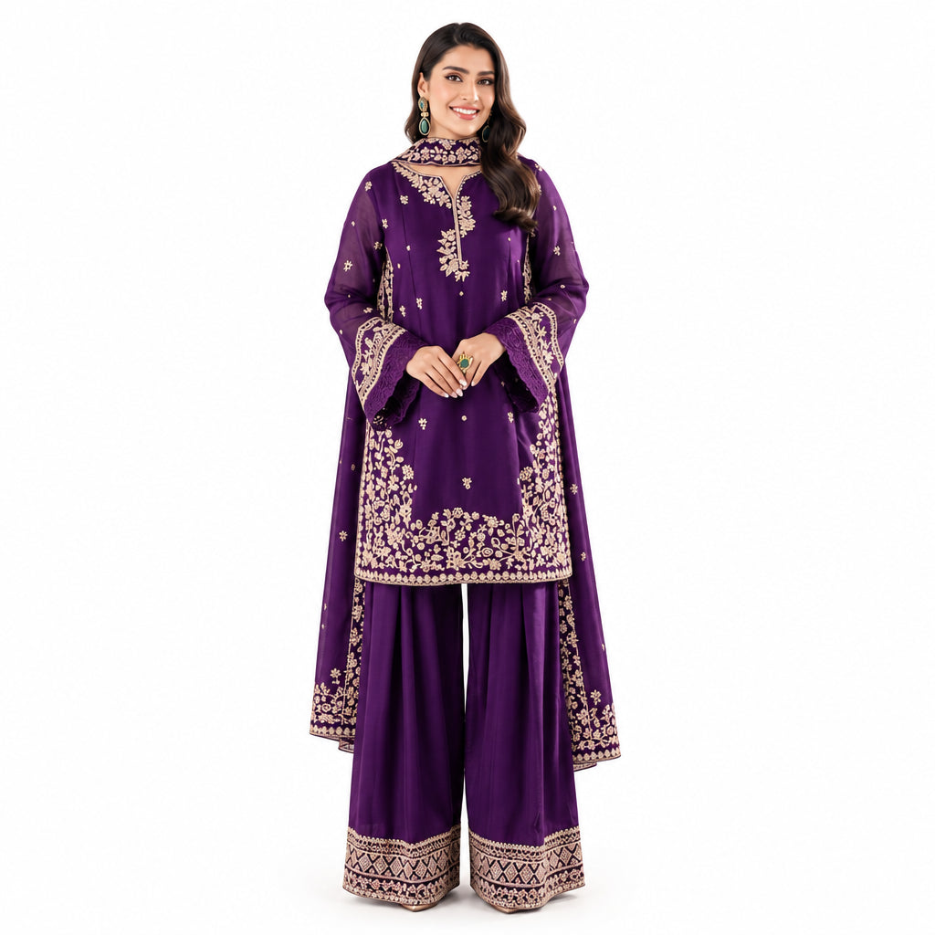 Women's Embroidered Farshi Shalwar 3 Piece Silk Suit with Embroidered Chiffon Dupatta – Pakistani Party Wear Dress