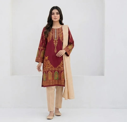 Maroon Block Printed 3Pcs Arabic Lawn Set