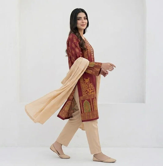 Maroon Block Printed 3Pcs Arabic Lawn Set