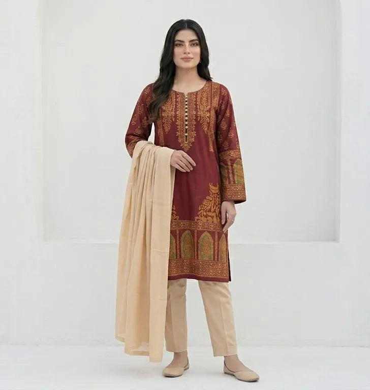 Maroon Block Printed 3Pcs Arabic Lawn Set
