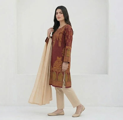 Maroon Block Printed 3Pcs Arabic Lawn Set