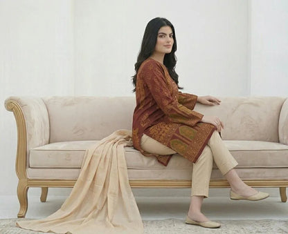 Maroon Block Printed 3Pcs Arabic Lawn Set
