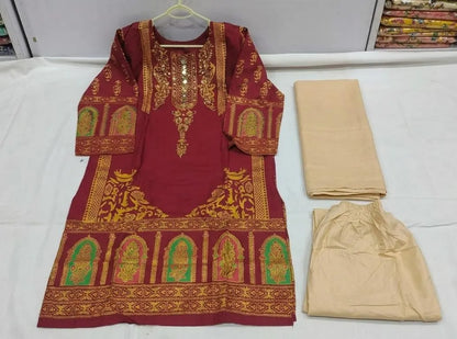 Maroon Block Printed 3Pcs Arabic Lawn Set