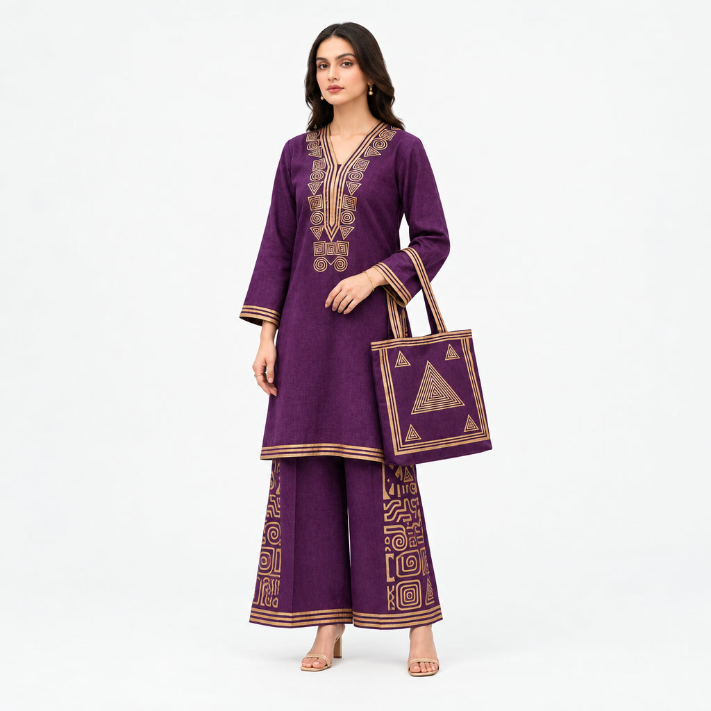 Purple Linen Printed 3Pc Set with Bag