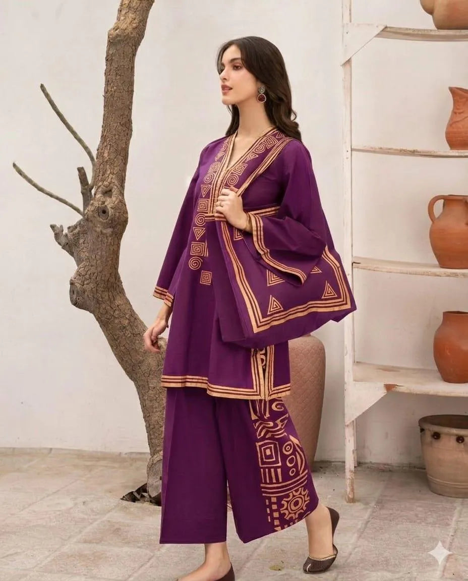 Purple Linen Printed 3Pc Set with Bag