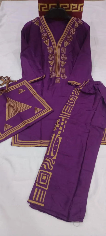 Purple Linen Printed 3Pc Set with Bag