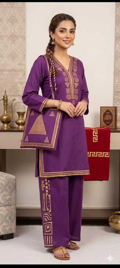 Purple Linen Printed 3Pc Set with Bag