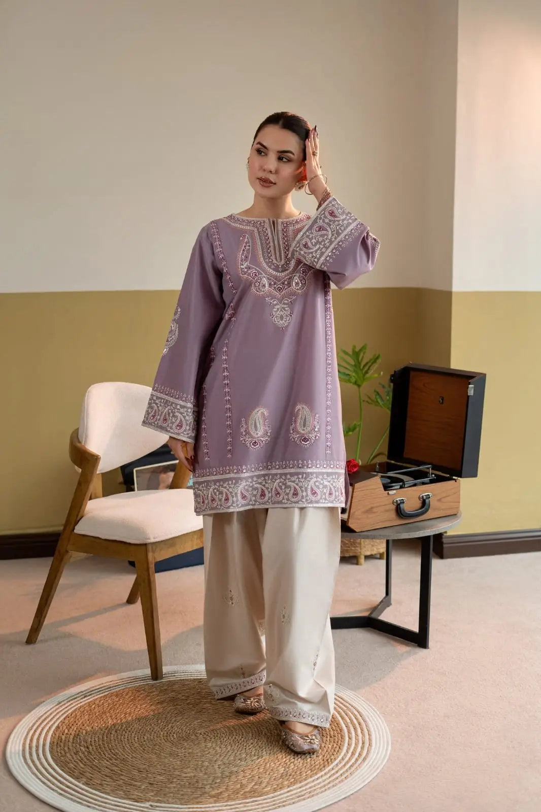 Moon Light 2 Pcs Women's Stitched Linen Embroidered Shirt And Trouser