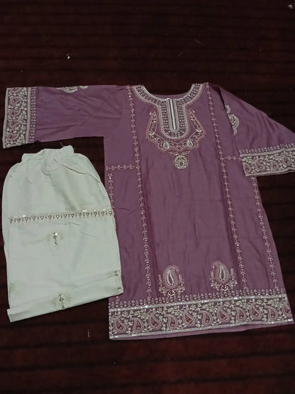 Moon Light 2 Pcs Women's Stitched Linen Embroidered Shirt And Trouser
