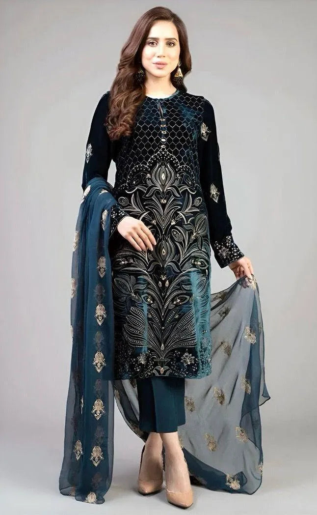 3-Piece Embroidered Blue Lawn Suit for Eid