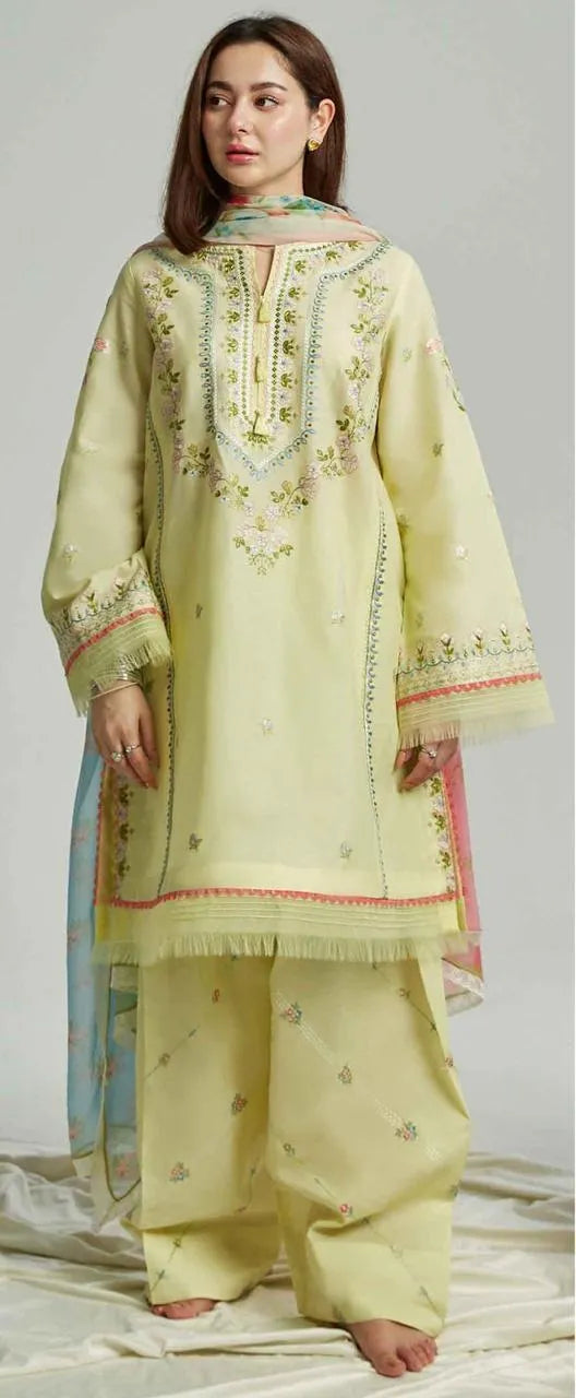 Unstitched 3-Piece Lawn Suit Yellow Eid Party Wear