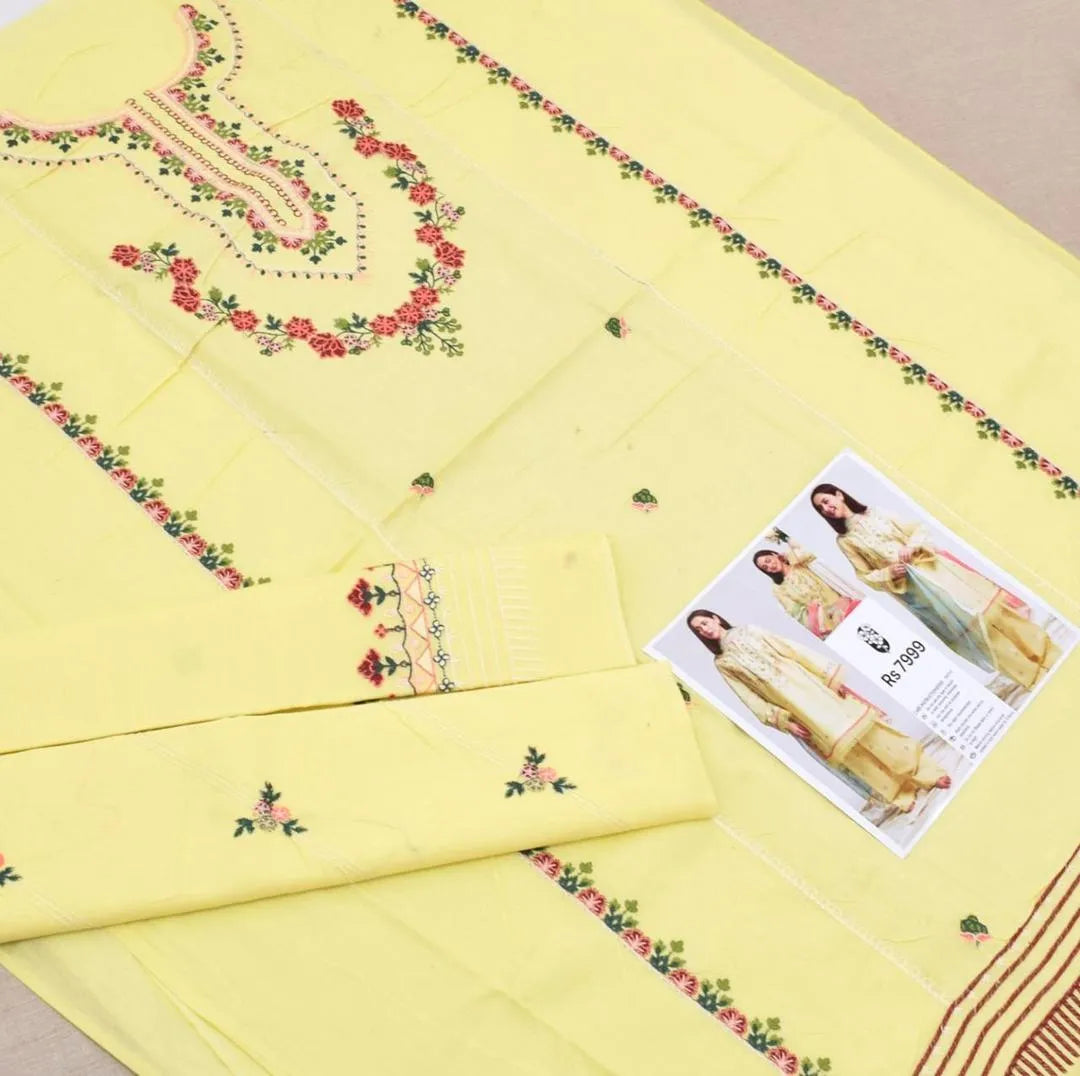 Unstitched 3-Piece Lawn Suit Yellow Eid Party Wear