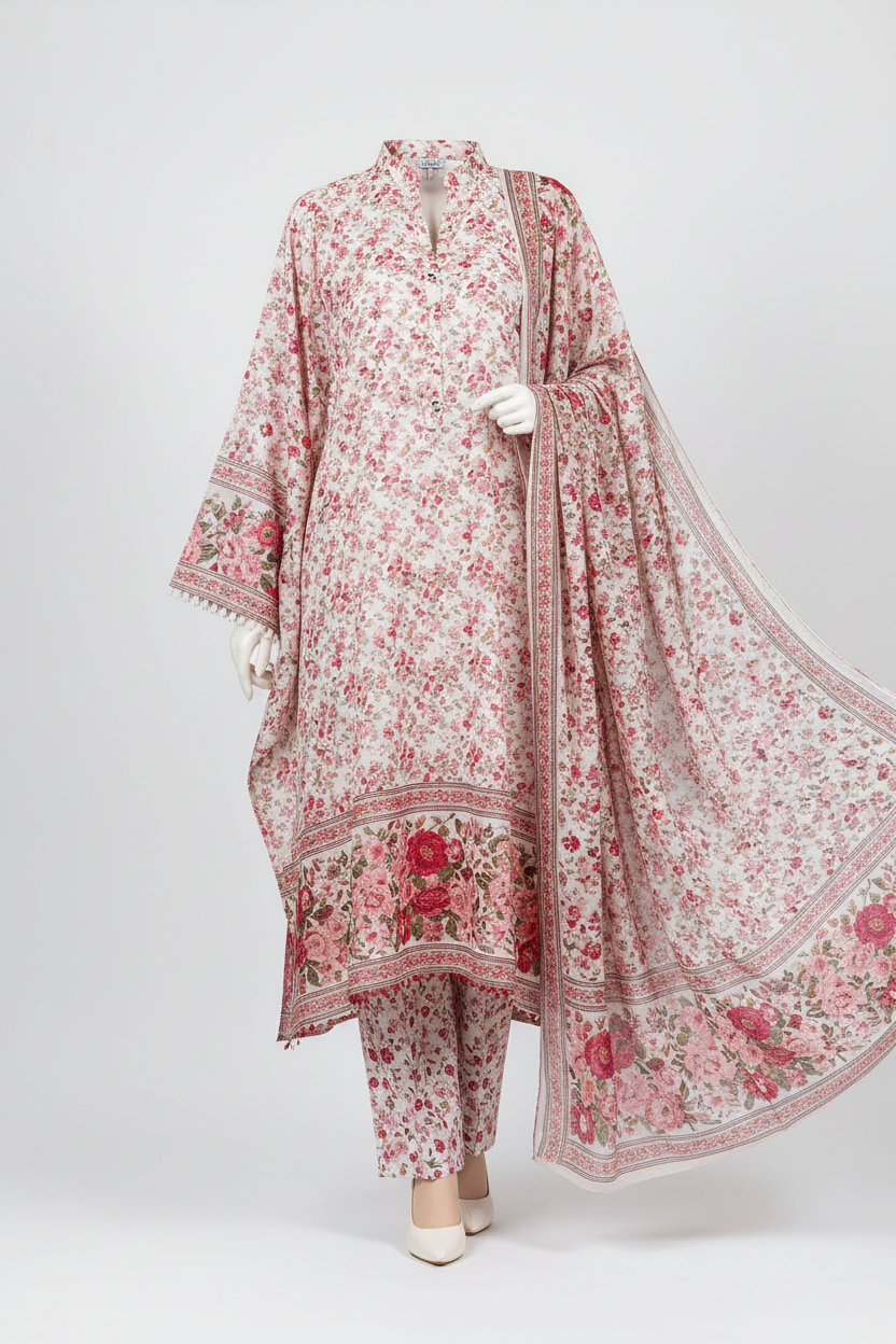 3-Piece Printed Lawn Suit Pink Red Floral Summer Wear