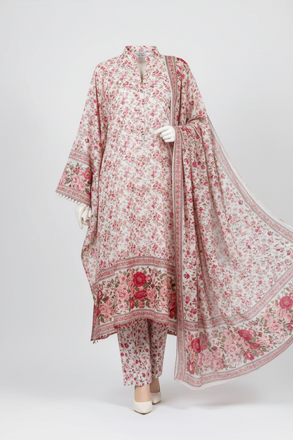 3-Piece Printed Lawn Suit Pink Red Floral Summer Wear