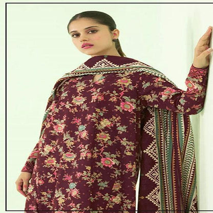 Maroon Printed Viscose 3-Piece Suit for Women