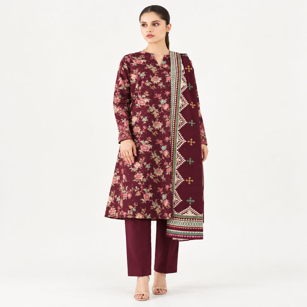 Maroon Printed Viscose 3-Piece Suit for Women