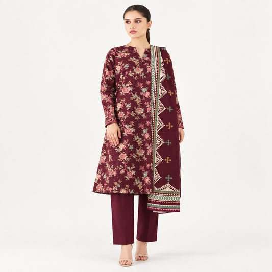 Maroon Printed Viscose 3-Piece Suit for Women