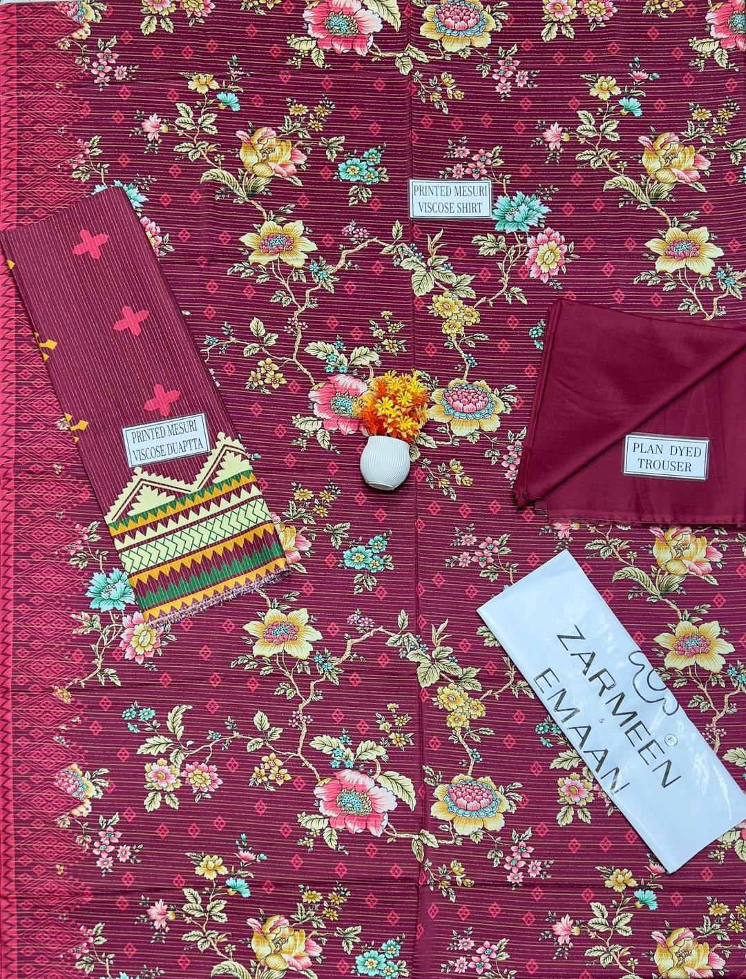 Maroon Printed Viscose 3-Piece Suit for Women
