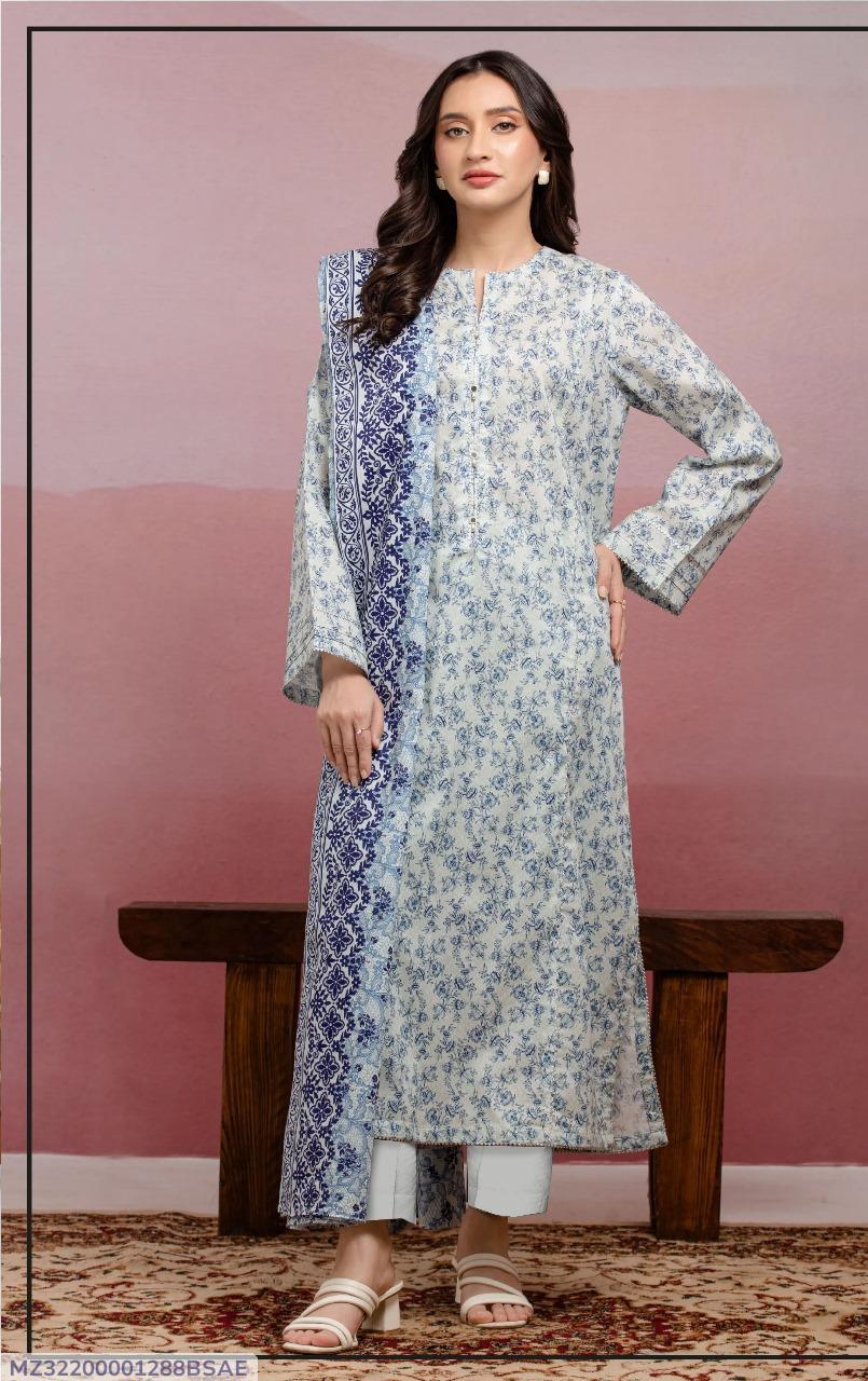 3-Piece Printed Dobby Lawn Suit Grey Blue Floral