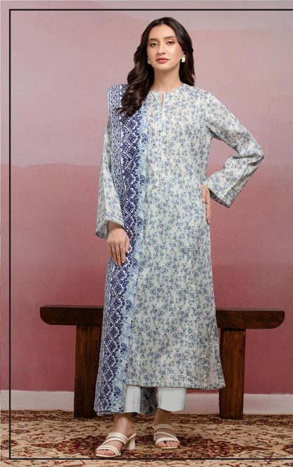 3-Piece Printed Dobby Lawn Suit Grey Blue Floral