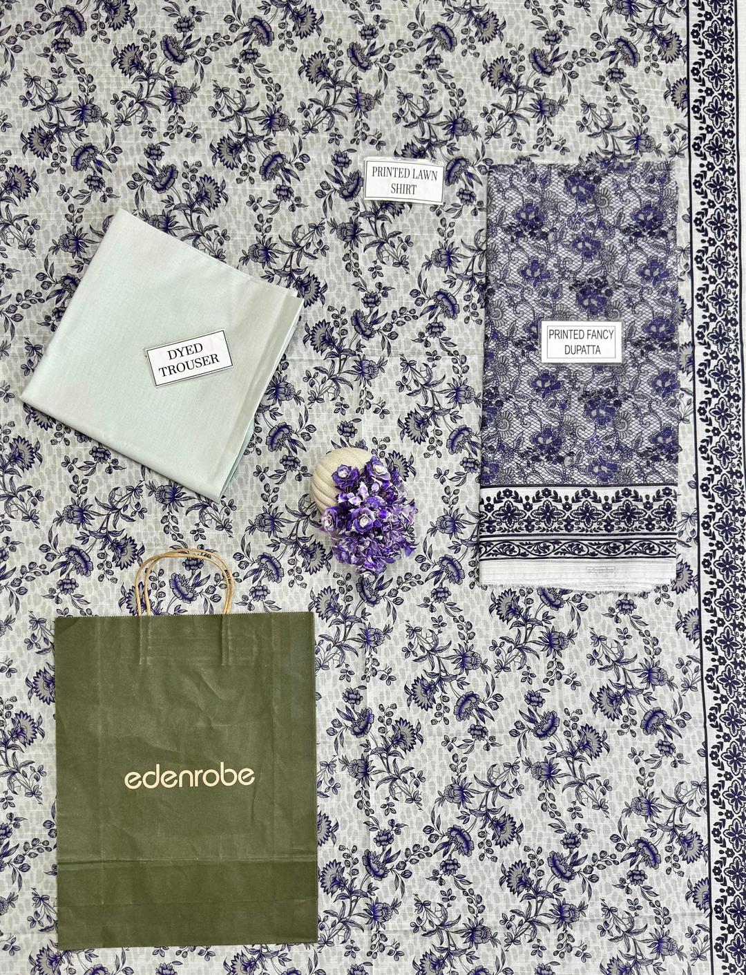3-Piece Printed Dobby Lawn Suit Grey Blue Floral