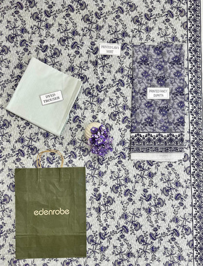 3-Piece Printed Dobby Lawn Suit Grey Blue Floral