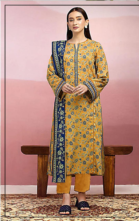 Unstitched Printed Suit Yellow Blue Dobby Lawn 3Pc