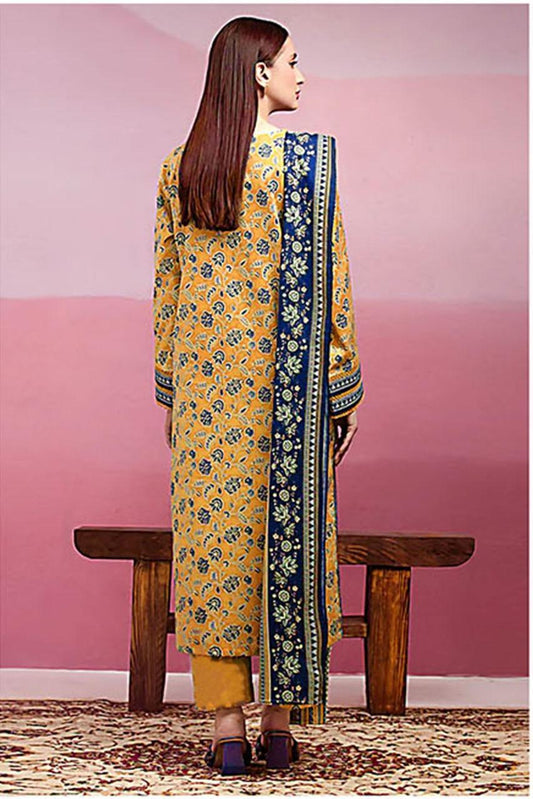 Unstitched Printed Suit Yellow Blue Dobby Lawn 3Pc