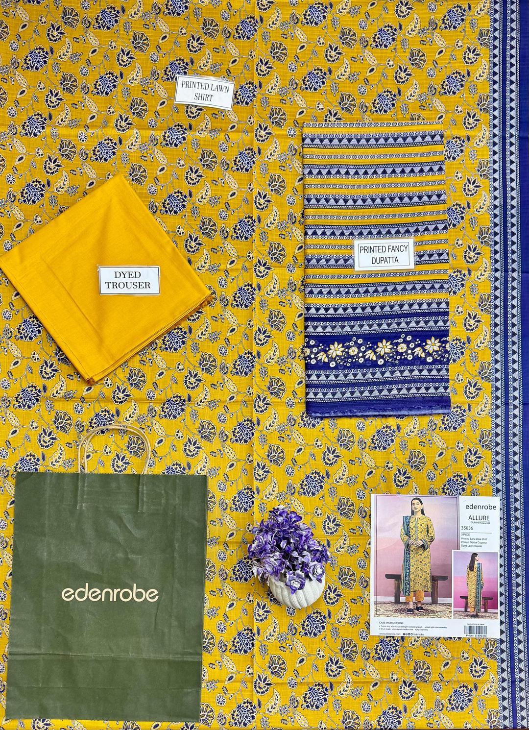 Unstitched Printed Suit Yellow Blue Dobby Lawn 3Pc
