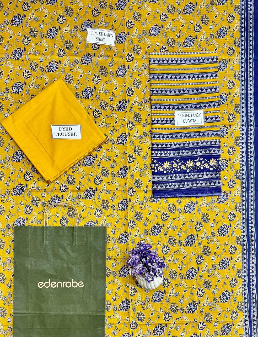 Unstitched Printed Suit Yellow Blue Dobby Lawn 3Pc