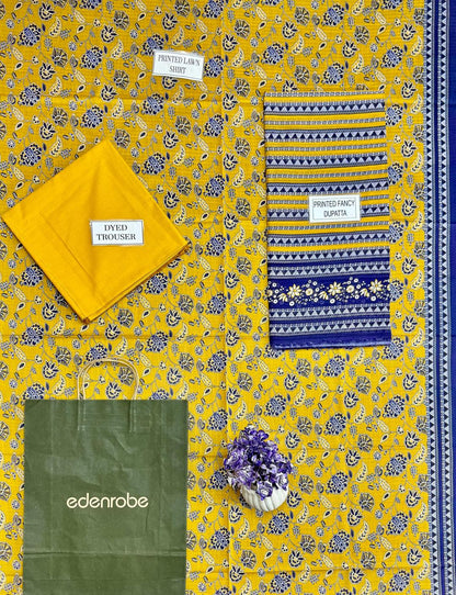 Unstitched Printed Suit Yellow Blue Dobby Lawn 3Pc