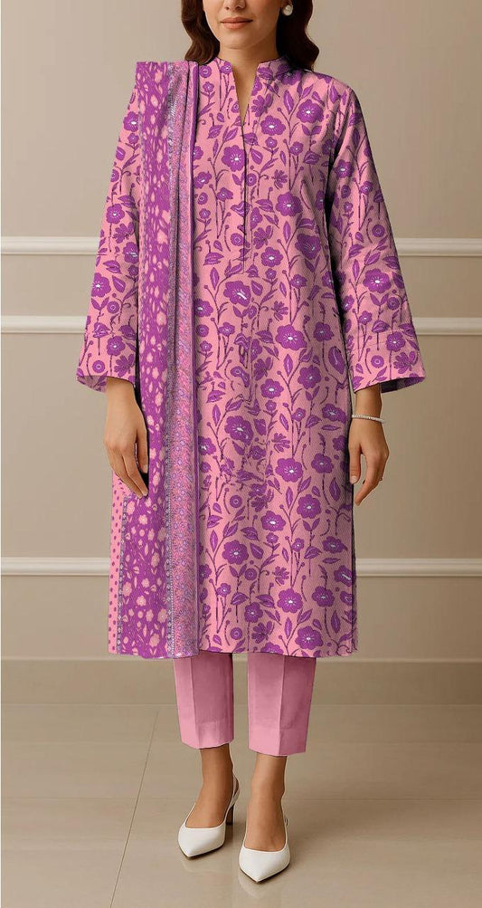 Pakistani Women 3-Piece Lawn Suit Pink Purple Floral