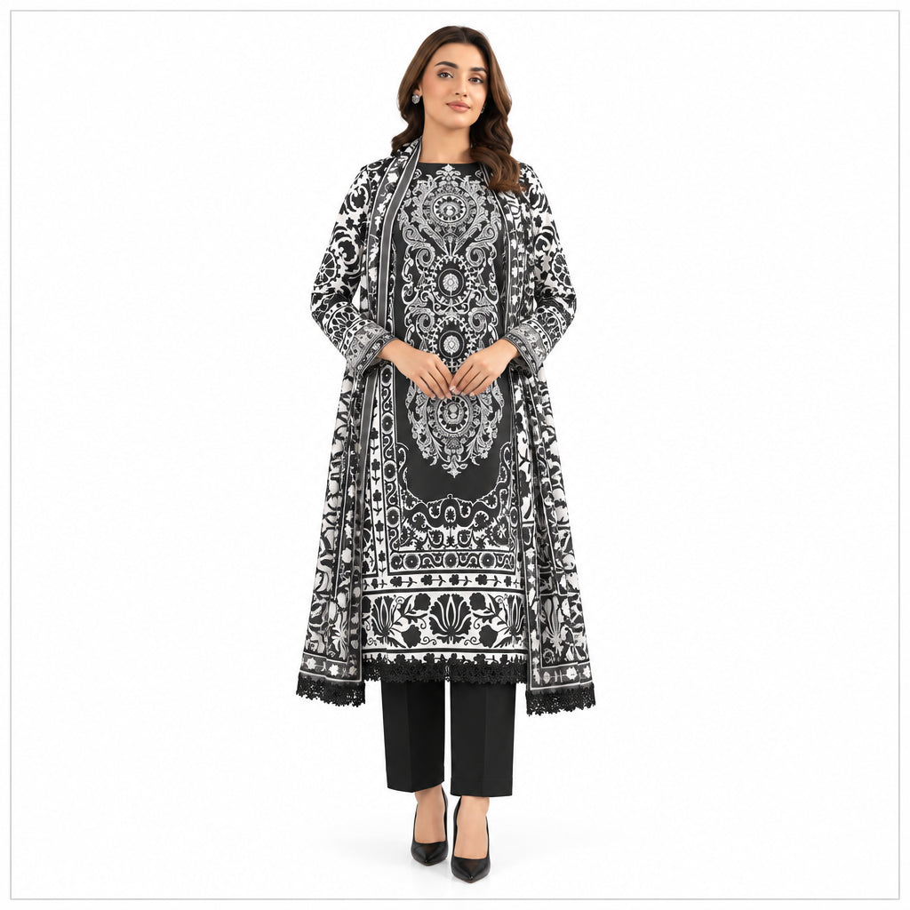 Black & White Printed 3-Piece Karandi Suit for Women