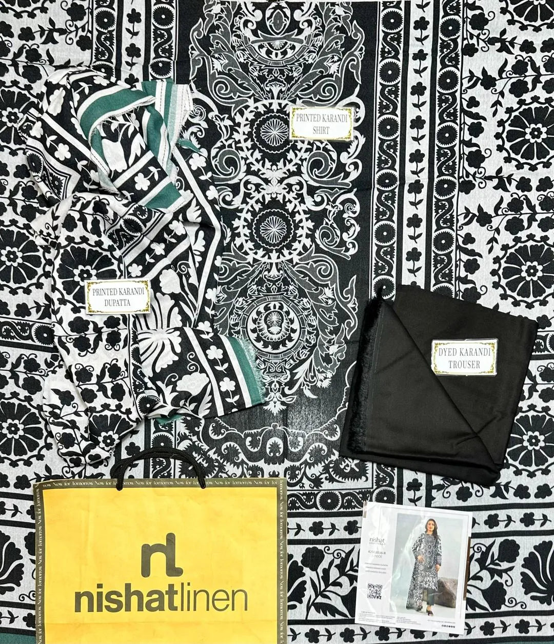 Black & White Printed 3-Piece Karandi Suit for Women