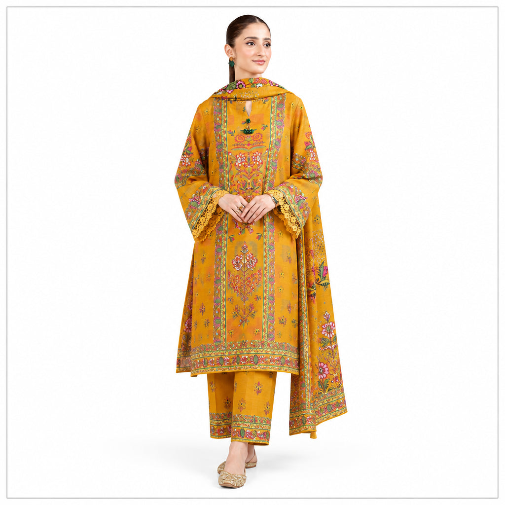 Golden Floral Printed 3-Piece Karandi Suit for Women