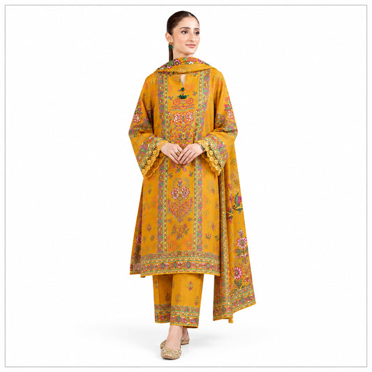Golden Floral Printed 3-Piece Karandi Suit for Women
