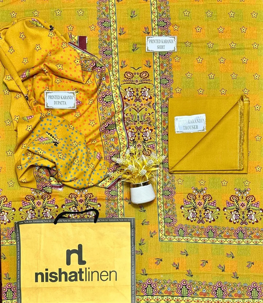 Golden Floral Printed 3-Piece Karandi Suit for Women
